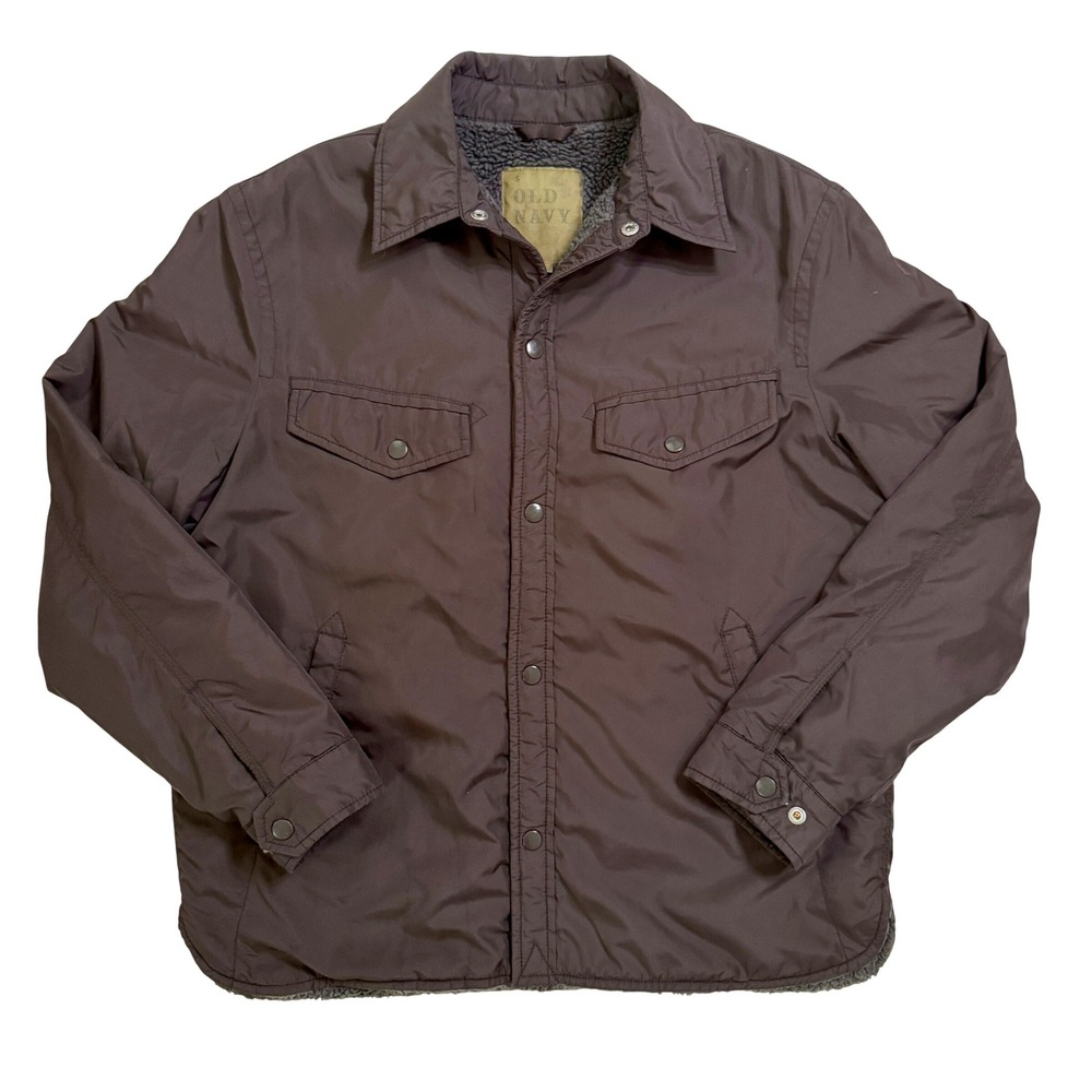 VTG Y2K Old Navy Nylon Utility Shirt Jacket Small Brown Sherpa Lined Snap Front